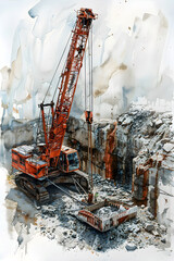 Meticulously Coordinated Crane Usage and Concrete Pouring Schedules in a Watercolor Depiction of a Managed Excavation Project on an Isolated - obrazy, fototapety, plakaty