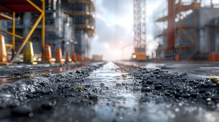 Meticulously Engineered Construction Site Showcasing Secure Scaffolding,Foundation Piling,and Flawless Asphalt Paving for Vital Urban Infrastructure - obrazy, fototapety, plakaty