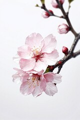 close-up shot of a single cherry blossom against a pristine white background - obrazy, fototapety, plakaty