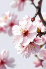 close-up shot of a single cherry blossom against a pristine white background - obrazy, fototapety, plakaty