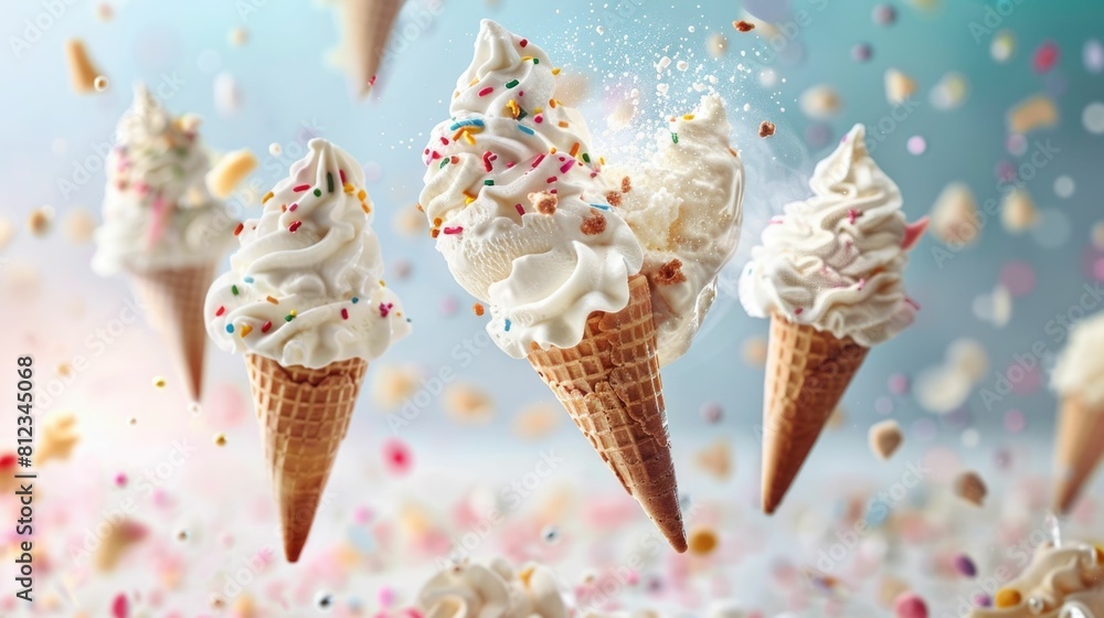 Poster levitating ice cream scoops playfully defying gravity and landing in a colorful waffle cone