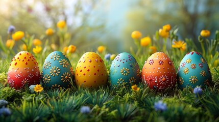 Row of Decorative Easter Eggs in Flowering Meadow