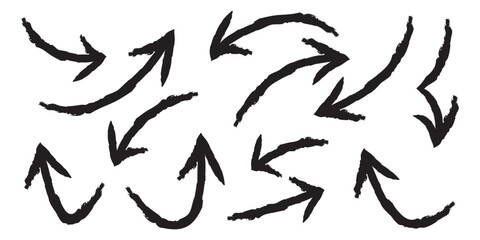 Set of black hand drawn grunge doodle spiral and curved charcoal, chalk arrows on white background. Scribble symbols of direction pointers, swirl arrow elements for infographic design in eps 10.