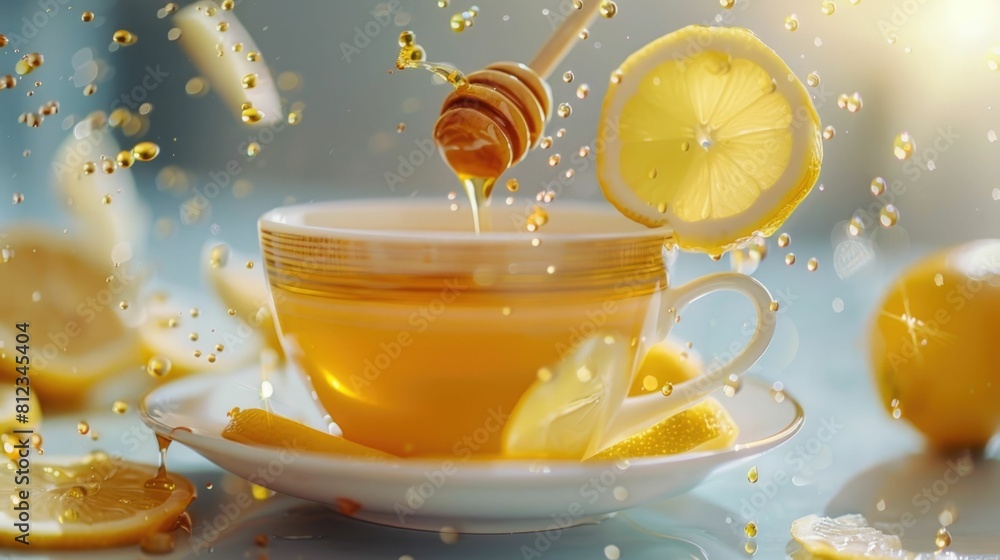 Poster honey drizzle and lemon slices floating above a warm cup of tea on a blurred background
