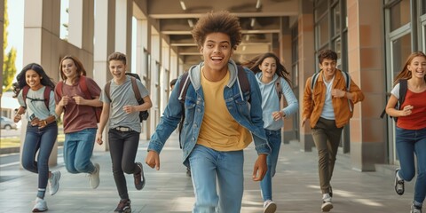 Obraz premium Energetic teenagers sprinting together exuberantly outside a school building, signifying youthful enthusiasm and friendship