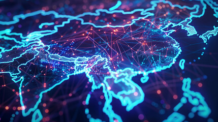 Naklejka na ściany i meble Asia's Digital Network Map: Exploring Global Connections, Fast Data Transfer, Cyber Tech, Business Exchange, Info Sharing, and Worldwide Communication