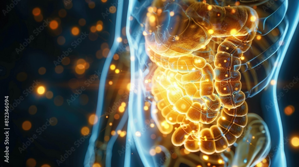 Poster glowing x ray visualization of vitamin b absorption impact on nerve function in digestive system