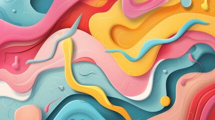 A vibrant abstract composition of flowing colors and layered shapes