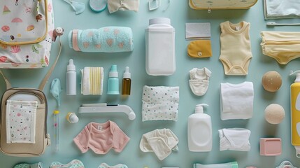 Newborn Baby Essentials Neatly Arranged in Pastel Colored Assortment for Caregiver s Convenience and Organization