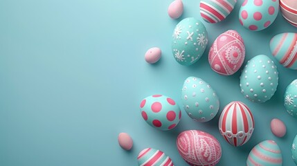Fototapeta premium Easter Eggs with Dots and Stripes on Blue Background
