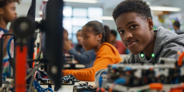 Young African American student working on a robotics project in a classroom with classmates, illustrating technology, education, and teamwork