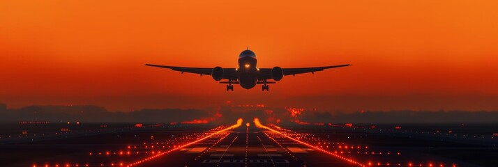 An airplane is shown ascending into the sky during a dramatic sunset on a runway, marking the start of a journey