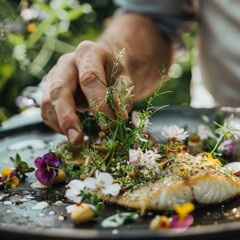 Fototapeta premium Chef pairing flounder with ancient herbal remedies at a wellness retreat holistic and healing