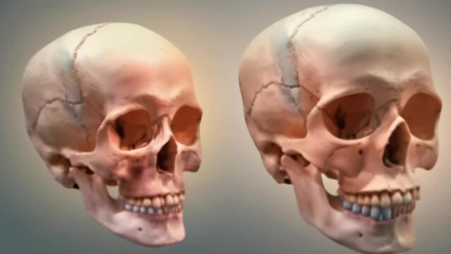 Two anatomical skulls are positioned side by side against a neutral background, offering a comparative view of their structure. 