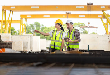 Engineer and female foreman worker checking project at precast factory site, Engineer and builders...