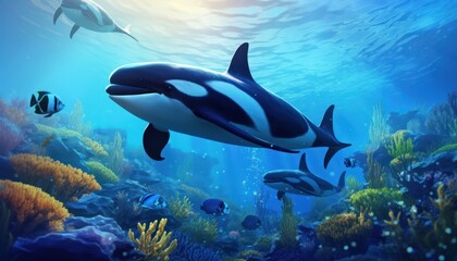 Fototapeta premium The Orcinus Orca in the ocean, portrait of Orca hunting prey in the underwater