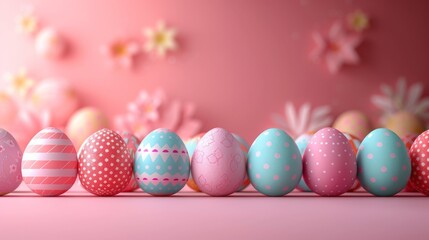 Fototapeta premium Row of Decorative Easter Eggs on Pink Surface