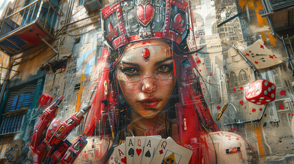 An intricate portrait of a young woman with glowing red eyes, wearing a crown and holding a playing card in her robotic hand