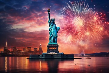 A vibrant fireworks display over the Statue of Liberty on American Independence Day, with reflections in the water below