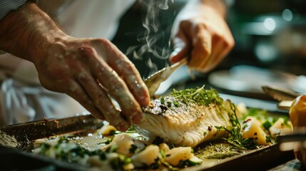 Chef plating flounder as part of a performance art piece culinary creativity on display