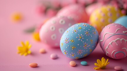 Fototapeta premium Pastel Easter Eggs with Floral Motifs on Pink