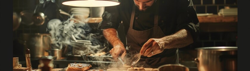 Chef plating flounder during a live podcast about culinary techniques