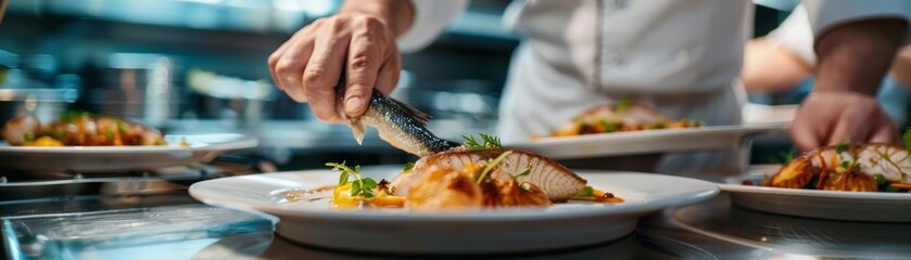 Chef plating flounder on a mirror reflection of culinary art