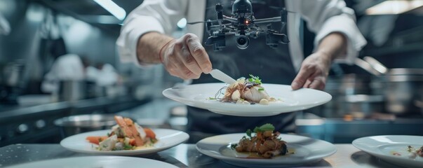 Chef plating flounder with a drone capturing the moment high-tech presentation