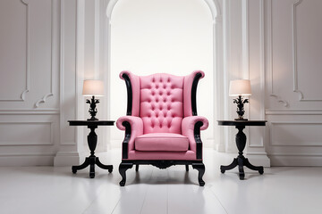 A pink Chesterfield high back wing chair with a black base on white background, throne armchair