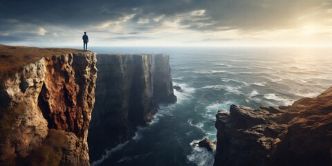 A man standing at the edge of a cliff, contemplating life decisions 