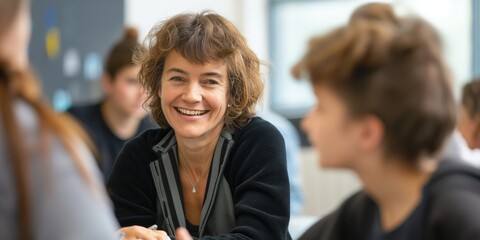A cheerful female teacher is interacting with teenagers in a modern classroom