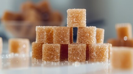 Brown sugar cubes stacked on a white surface