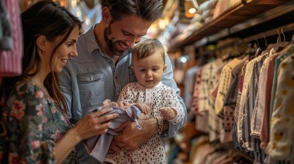 Loving Parents Selecting Adorable Baby Outfits at Cozy Clothing Store