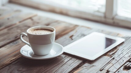 Obraz premium Coffee cup on table desk beside tablet pc