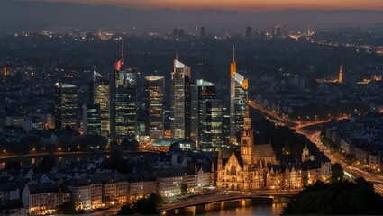 High resolution aerial panoramic view of Frankfurt, Germany after sunset.