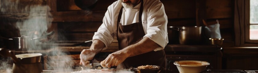 Chef preparing flounder in a rustic barn conversion country chic