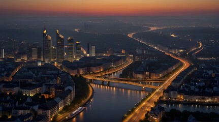 High resolution aerial panoramic view of Frankfurt, Germany after sunset. Generative AI