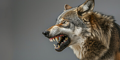 an angry wolf showing its teeth against a gray background, generative AI © VALUEINVESTOR