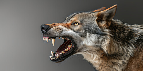 an angry wolf showing its teeth against a gray background, generative AI