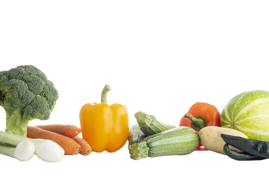 A group of varied, healthy and colorful vegetables without a background