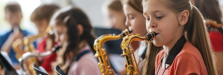 Group of focused children playing saxophones in a music class setting