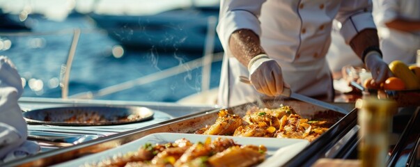 Chef preparing flounder on a luxury yacht during a regatta competitive and upscale