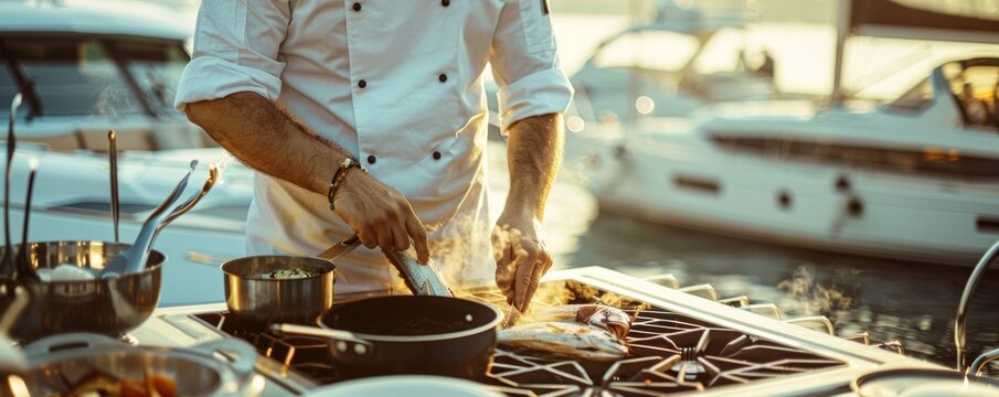 Chef preparing flounder on a luxury yacht during a regatta competitive and upscale
