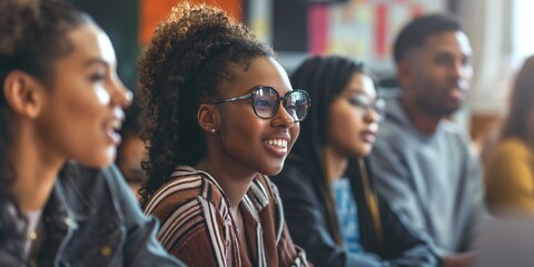 Obraz premium Muti-ethnic group of young adults attending a seminar, smiling and engaging