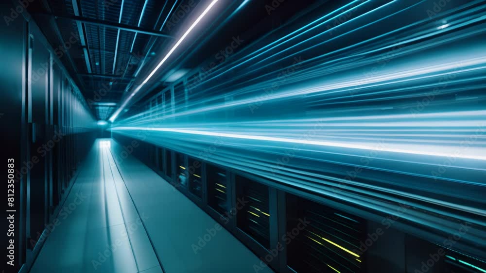 Poster encrypted data transmission through high speed servers, visual metaphor with coded light beams