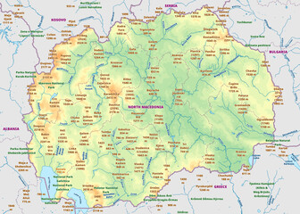 Detailed physical topographic map art of North Macedonia