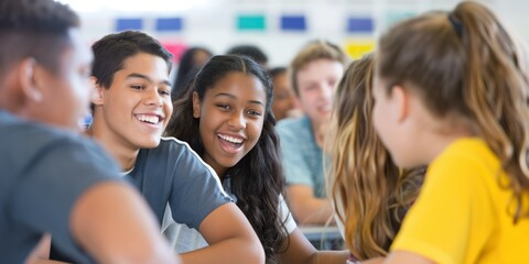 Naklejka premium A diverse group of happy students share a moment of camaraderie, reflecting the joy and unity of a multicultural educational setting