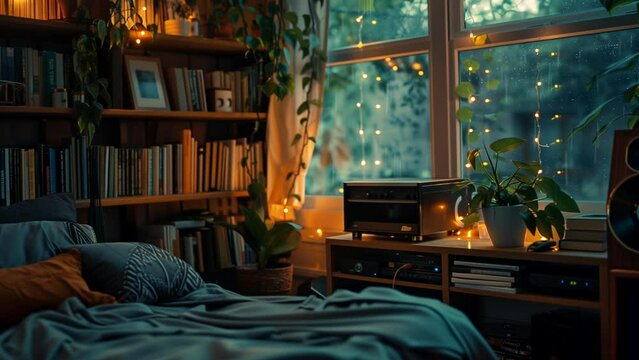 Cozy bedroom with rain view outside the window, warm and relaxing atmosphere. looping time-lapse video