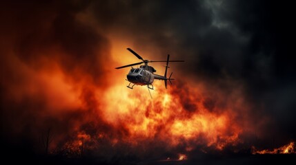 A helicopter passing through flames