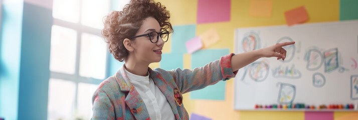 A creative educator is engagingly pointing at a board with colorful sketches in a bright classroom